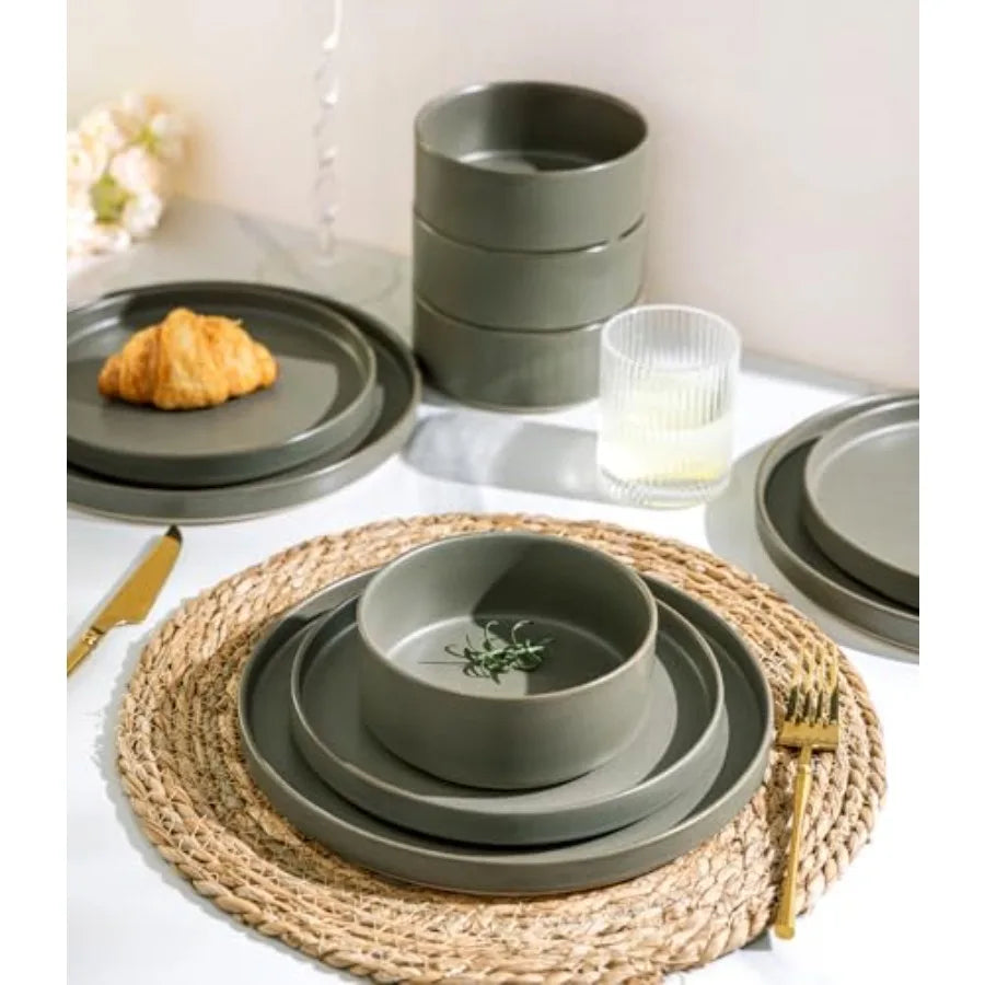 Handmade Ceramic Dinnerware Set for 6 – 18-Piece Matte Green Reactive Glaze Plates & Bowls | Home Echo