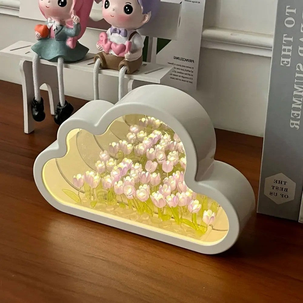 Handmade Tulip Flower LED Night Light with DIY Cloud Mirror – Romantic Bedroom Lamp & Gift Décor