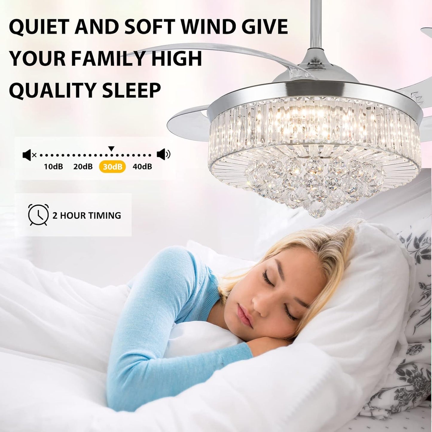 42" Crystal Retractable Ceiling Fan with Light & Remote – Invisible Blades Chandelier