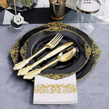 350-Piece Black and Gold Plastic Dinnerware Set – Includes Elegant Disposable Plates & Gold Plastic Silverware for Parties, Weddings, and Holiday Events | Heavy-Duty & Reusable Tableware by Hioasis