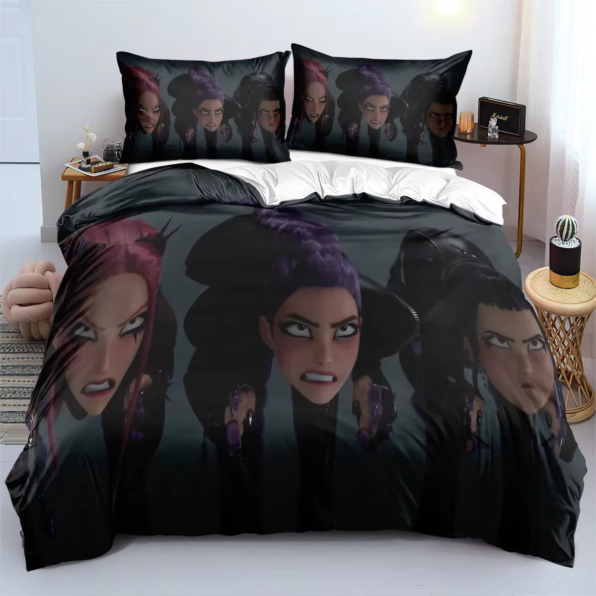 K-Pop Demon Hunters Bedding Set – Colorful Anime Print Duvet Cover & Bed Sheets | Soft Polyester Dorm Room Set | Kids & Teen Gift