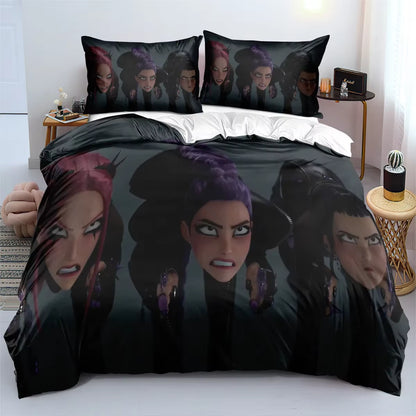 K-Pop Demon Hunters Bedding Set – Colorful Anime Print Duvet Cover & Bed Sheets | Soft Polyester Dorm Room Set | Kids & Teen Gift