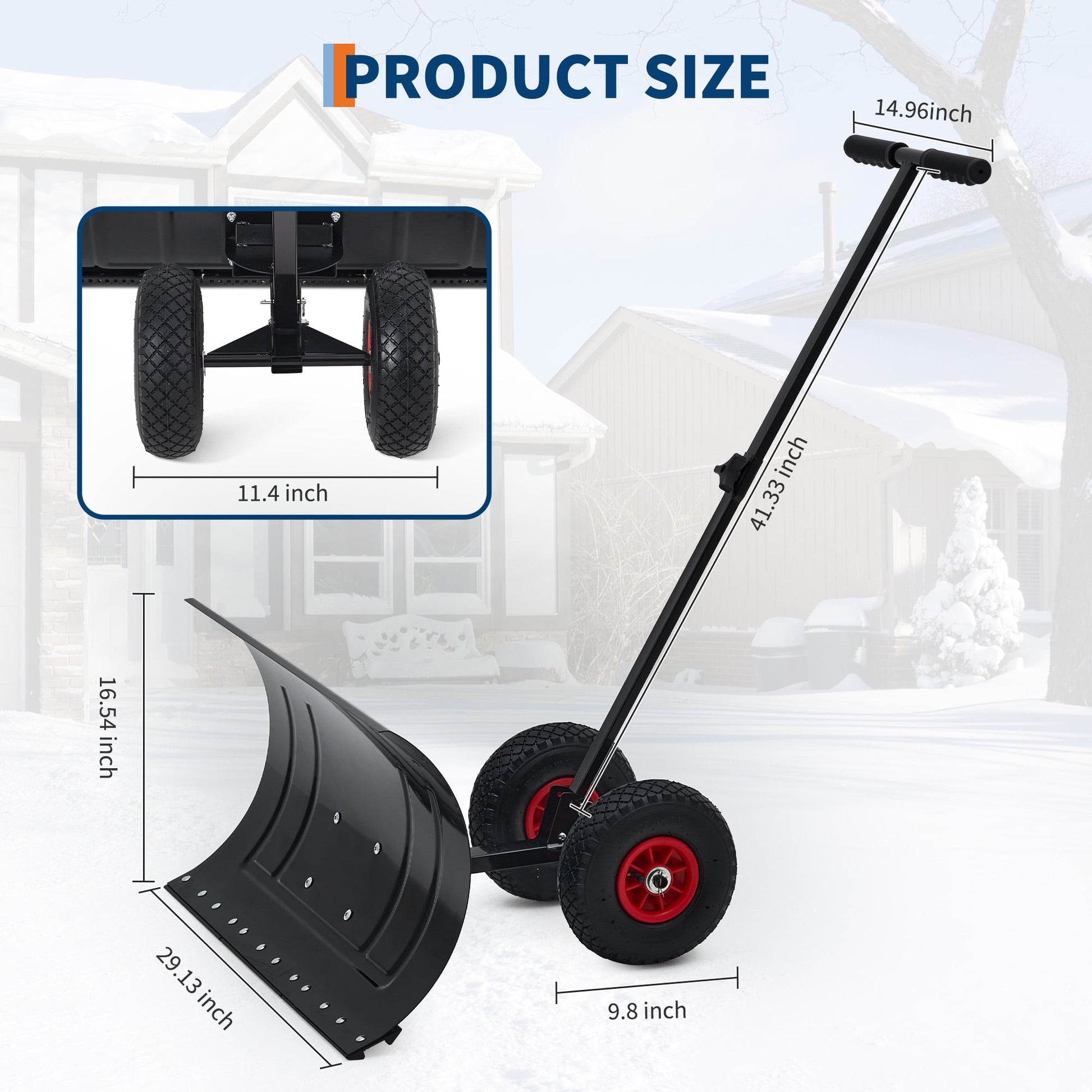 Heavy-Duty Snow Shovel with Wheels – 29" x 16.5" Adjustable Push Snow Plow with Angled Blade for Driveways & Pavements | Home Echo