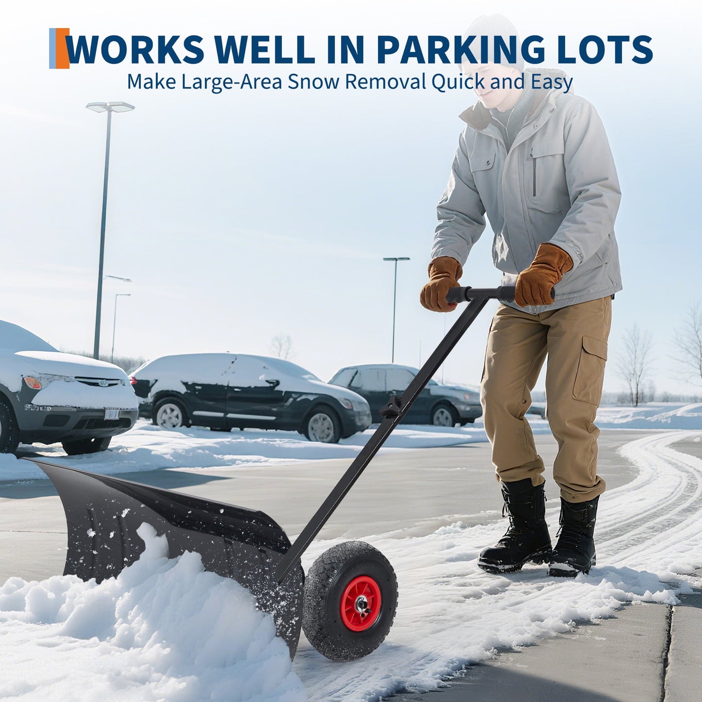Heavy-Duty Snow Shovel with Wheels – 29" x 16.5" Adjustable Push Snow Plow with Angled Blade for Driveways & Pavements | Home Echo