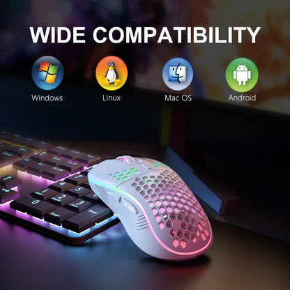 Wireless RGB Gaming Mouse – 2.4G Rechargeable 6-Button Ergonomic Mouse with 3-Speed DPI & Honeycomb Design (Type-C)