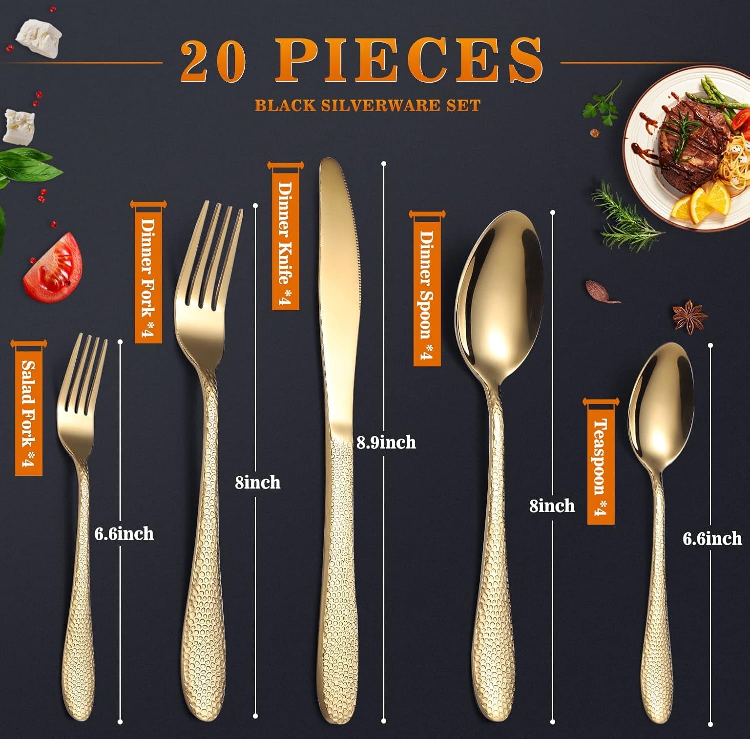 Gold Silverware Set – 20-Piece Stainless Steel Flatware Set for 4 | Elegant Ergonomic Design, Durable & Dishwasher Safe Cutlery for Home or Restaurant Use