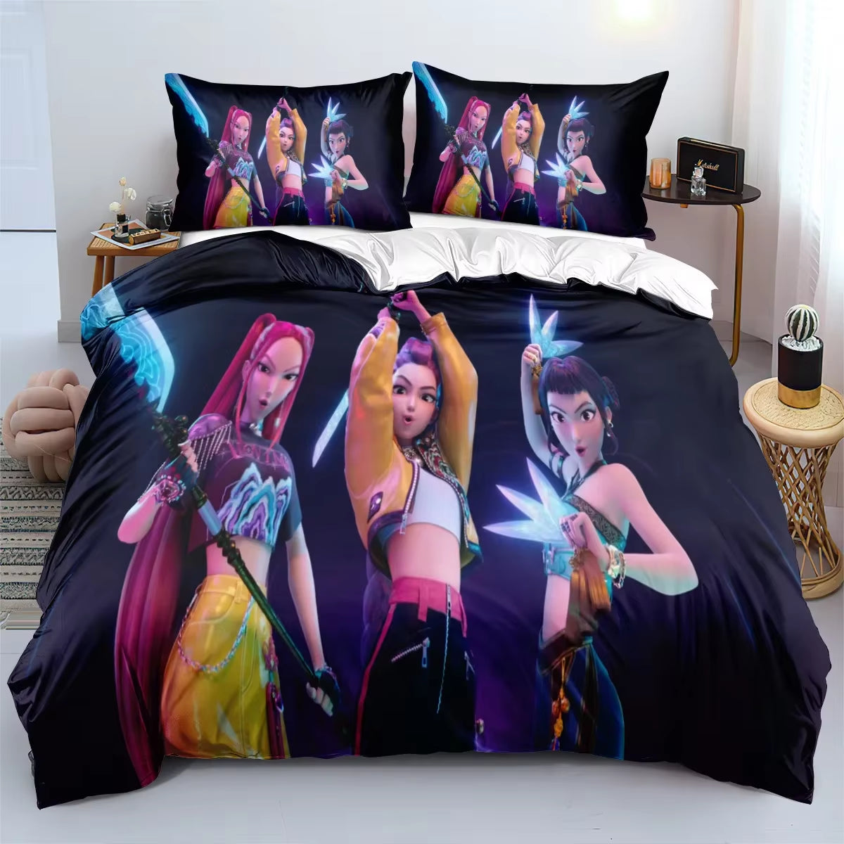 K-Pop Demon Hunters Bedding Set – Colorful Anime Print Duvet Cover & Bed Sheets | Soft Polyester Dorm Room Set | Kids & Teen Gift