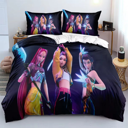K-Pop Demon Hunters Bedding Set – Colorful Anime Print Duvet Cover & Bed Sheets | Soft Polyester Dorm Room Set | Kids & Teen Gift