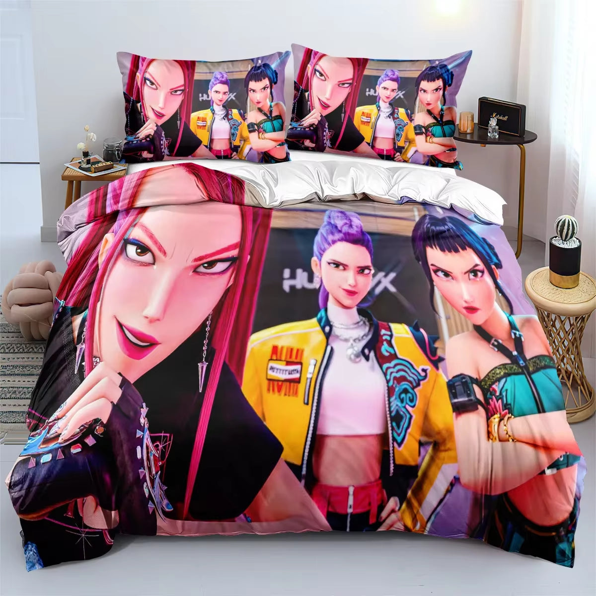 K-Pop Demon Hunters Bedding Set – Colorful Anime Print Duvet Cover & Bed Sheets | Soft Polyester Dorm Room Set | Kids & Teen Gift