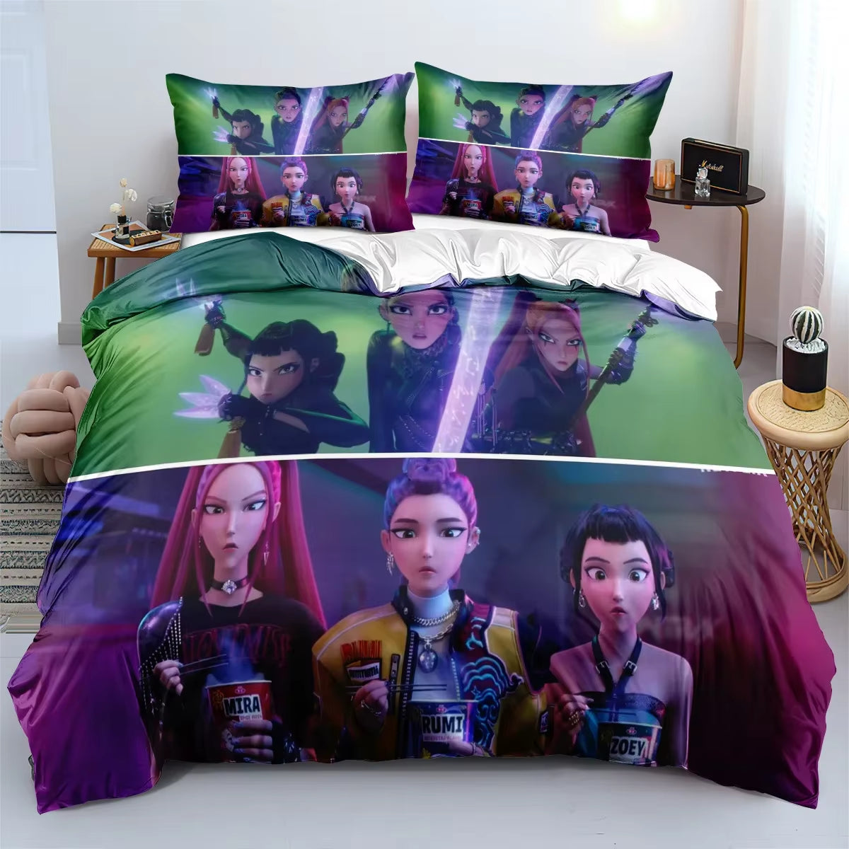 K-Pop Demon Hunters Bedding Set – Colorful Anime Print Duvet Cover & Bed Sheets | Soft Polyester Dorm Room Set | Kids & Teen Gift