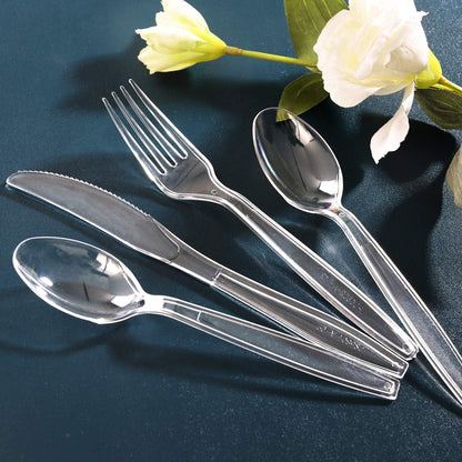 400-Piece Clear Plastic Silverware Set – Heavy-Duty Disposable Forks & Spoons (200 Each) | Crystal Cutlery for Parties, Holidays, and Events – Perfect for Halloween, Thanksgiving & Christmas