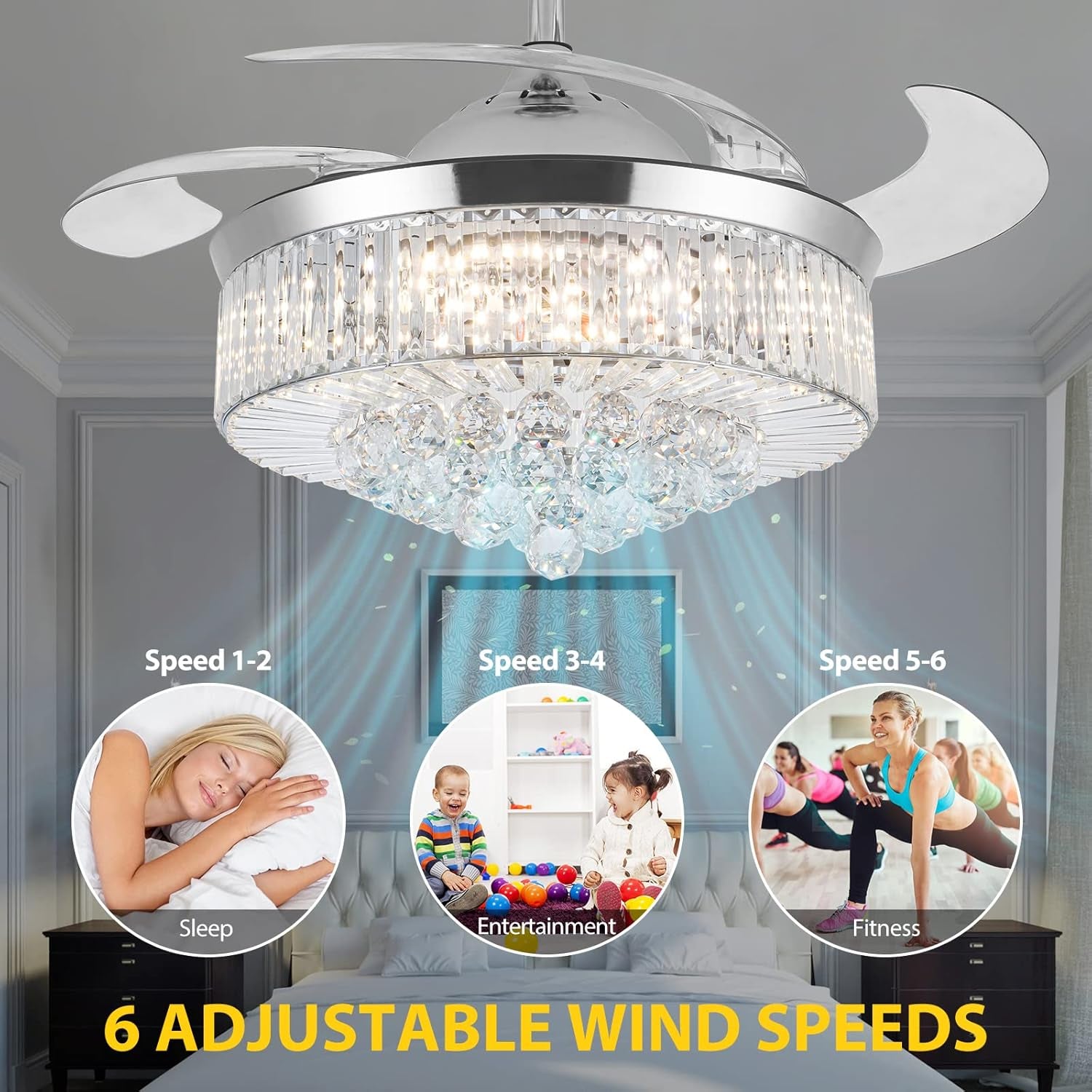 42" Crystal Retractable Ceiling Fan with Light & Remote – Invisible Blades Chandelier