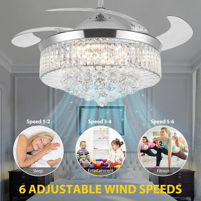 42" Crystal Retractable Ceiling Fan with Light & Remote – Invisible Blades Chandelier