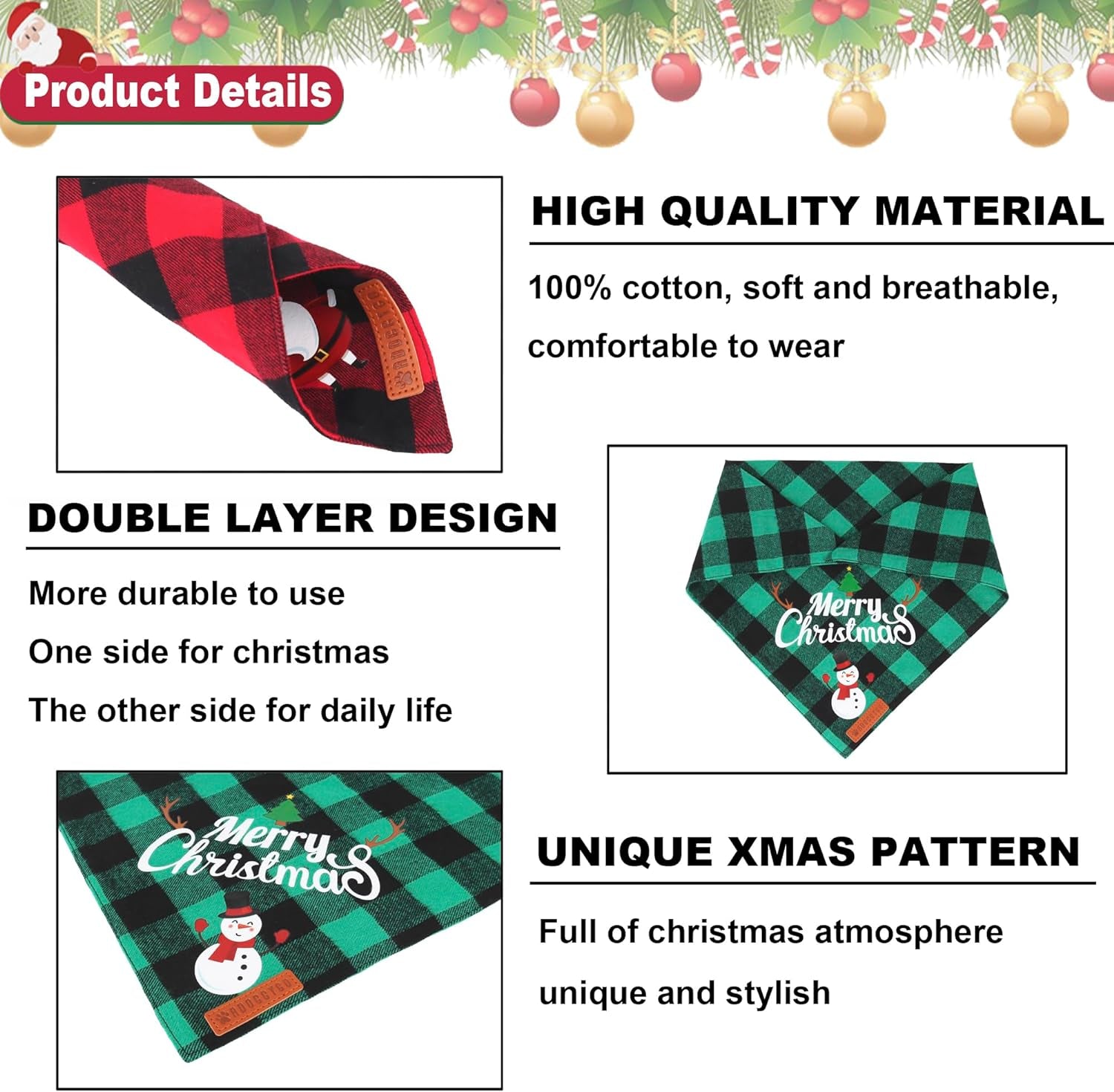 Christmas Dog Bandanas – 2 Pack Classic Plaid Pet Scarves with Santa & Snowman Design, Triangle Bibs for Medium & Large Dogs (Large)