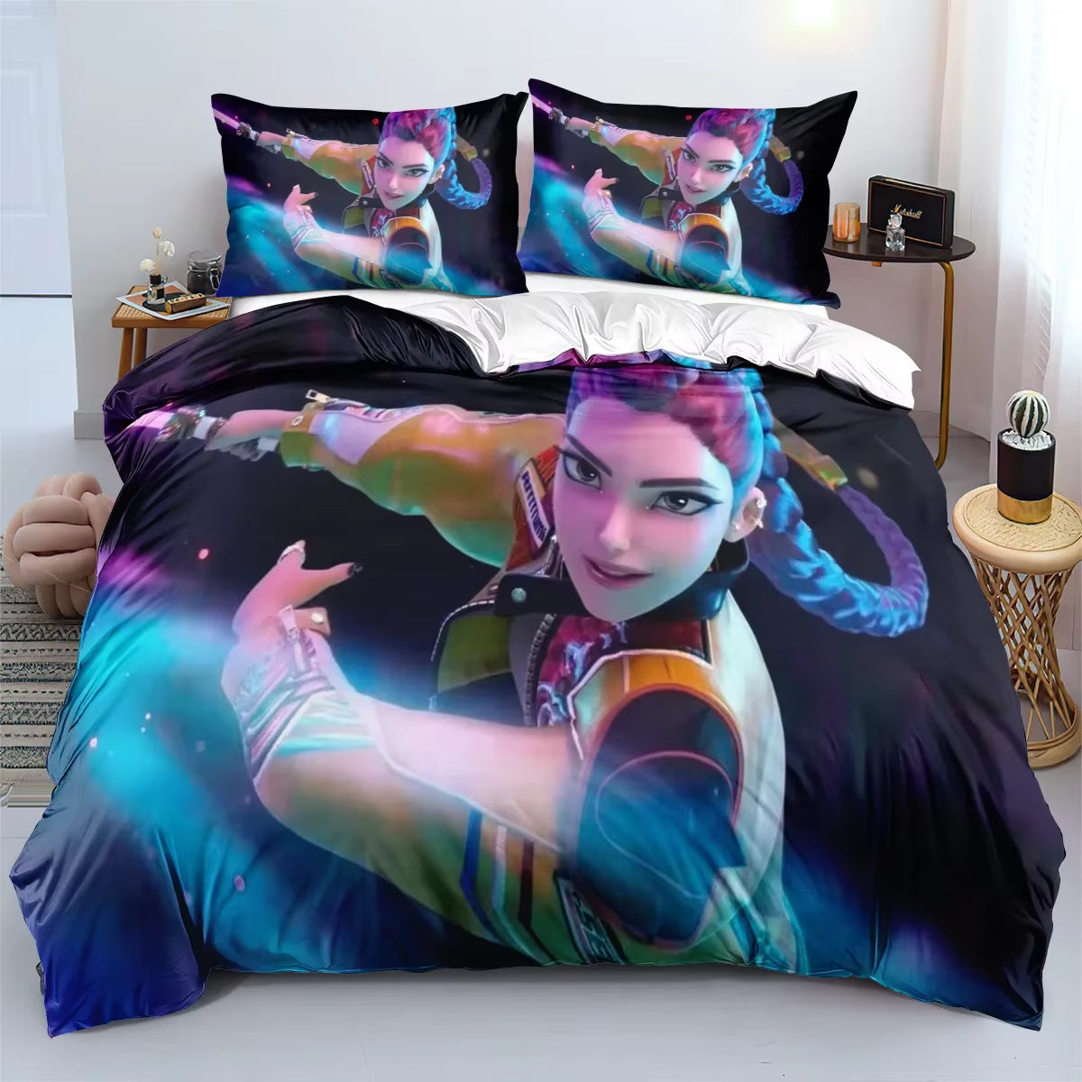 K-Pop Demon Hunters Bedding Set – Colorful Anime Print Duvet Cover & Bed Sheets | Soft Polyester Dorm Room Set | Kids & Teen Gift