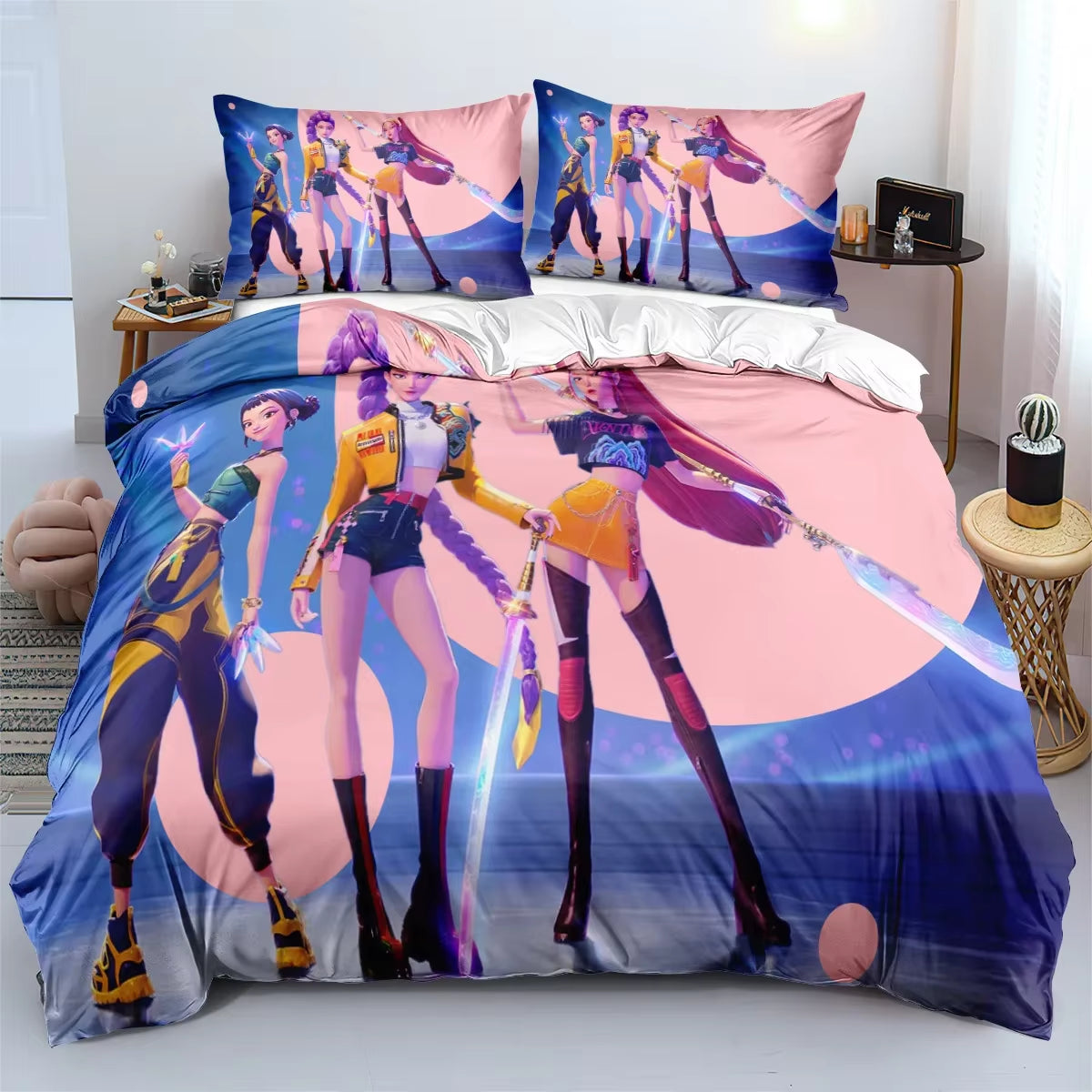 K-Pop Demon Hunters Bedding Set – Colorful Anime Print Duvet Cover & Bed Sheets | Soft Polyester Dorm Room Set | Kids & Teen Gift