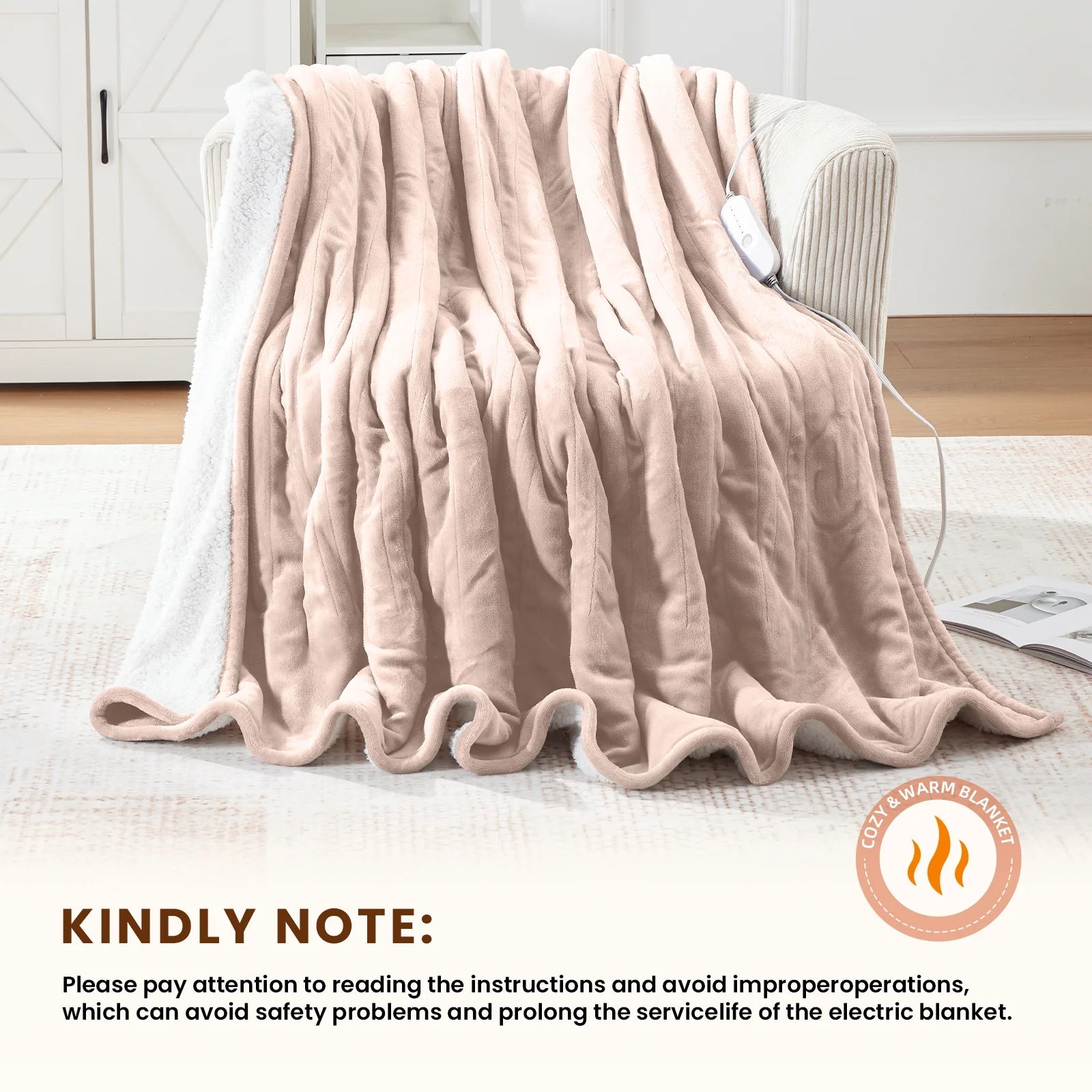 Electric Heated Blanket Twin – Soft Flannel & Sherpa, 5 Heat Levels, 10-Hour Auto-Off, Overheat Protection, ETL Certified (62"x84", Beige)