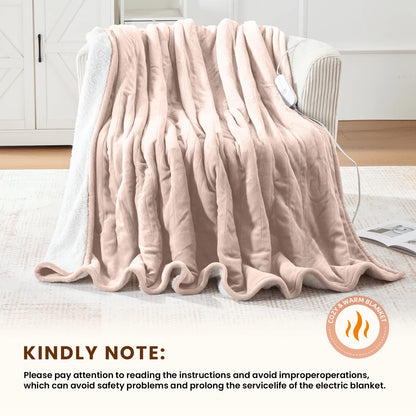 Electric Heated Blanket Twin – Soft Flannel & Sherpa, 5 Heat Levels, 10-Hour Auto-Off, Overheat Protection, ETL Certified (62"x84", Beige)