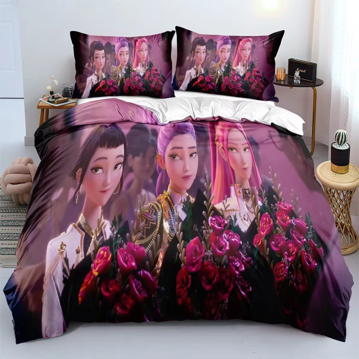K-Pop Demon Hunters Bedding Set – Colorful Anime Print Duvet Cover & Bed Sheets | Soft Polyester Dorm Room Set | Kids & Teen Gift