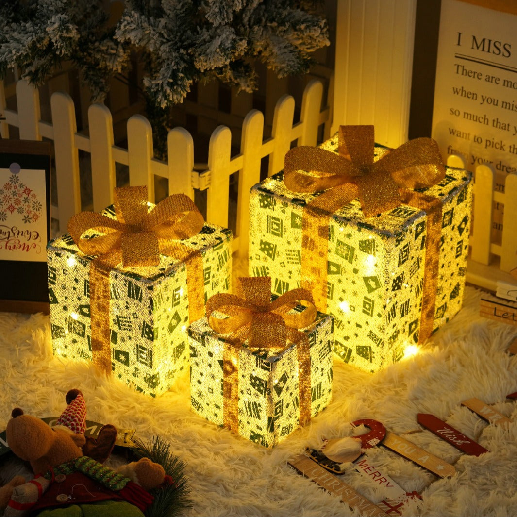 Remote Control Christmas Gift Box Lights – Three-Piece LED Holiday Decoration Set