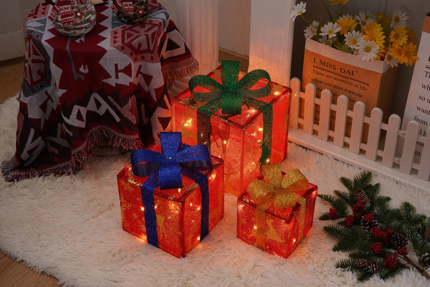 Remote Control Christmas Gift Box Lights – Three-Piece LED Holiday Decoration Set