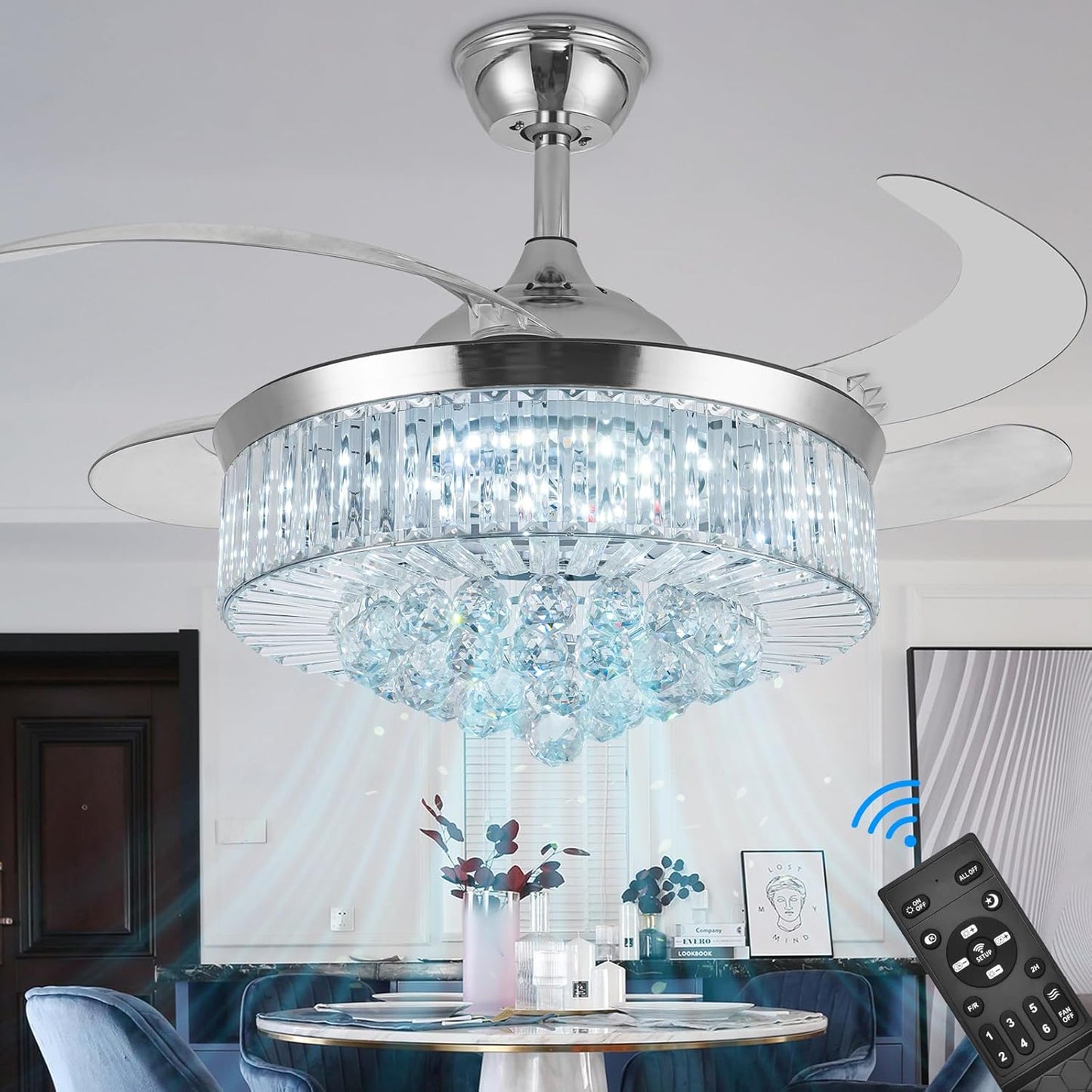 42" Crystal Retractable Ceiling Fan with Light & Remote – Invisible Blades Chandelier