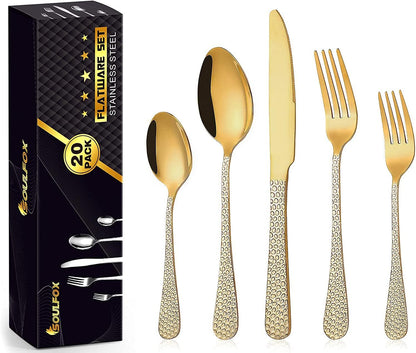 Gold Silverware Set – 20-Piece Stainless Steel Flatware Set for 4 | Elegant Ergonomic Design, Durable & Dishwasher Safe Cutlery for Home or Restaurant Use