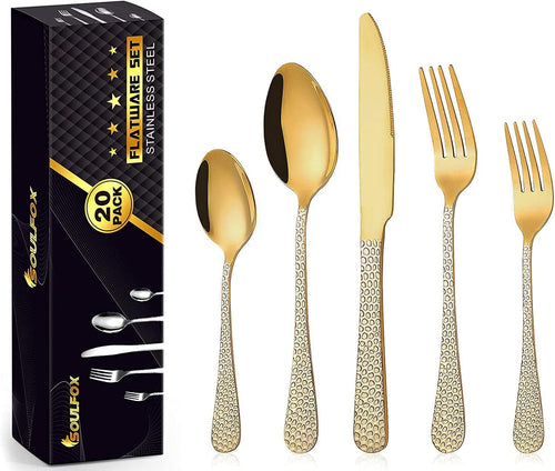 Gold Silverware Set – 20-Piece Stainless Steel Flatware Set for 4 | Elegant Ergonomic Design, Durable & Dishwasher Safe Cutlery for Home or Restaurant Use
