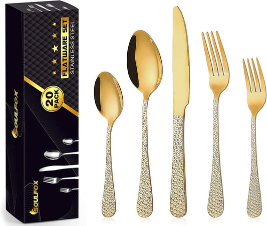Gold Silverware Set – 20-Piece Stainless Steel Flatware Set for 4 | Elegant Ergonomic Design, Durable & Dishwasher Safe Cutlery for Home or Restaurant Use
