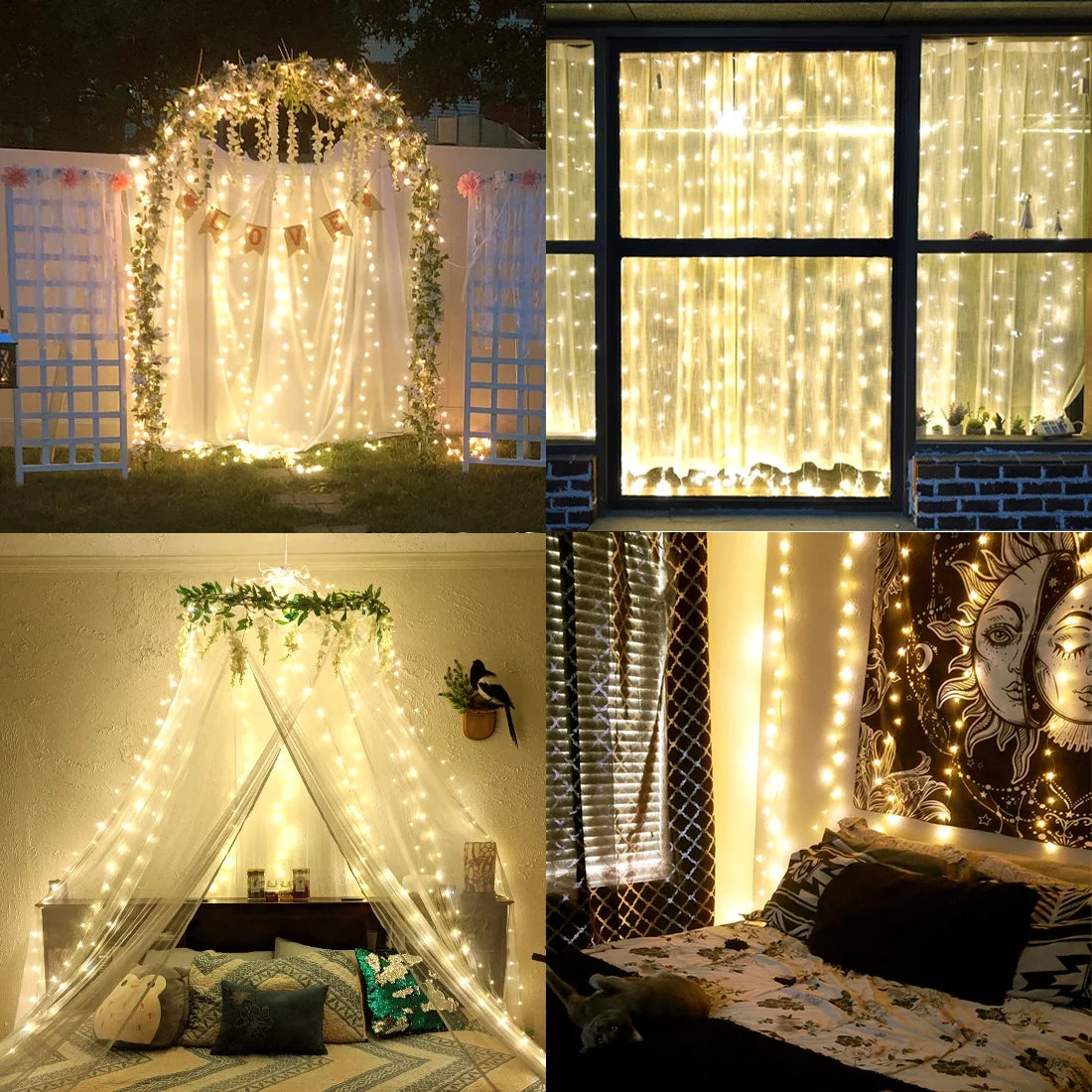 Warm White USB Curtain Fairy Lights with Remote – 300 LED Window Lights for Bedroom, Wedding & Christmas