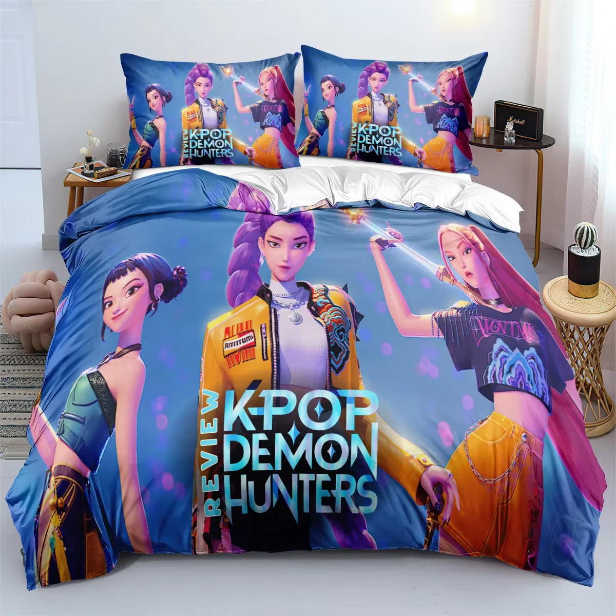 K-Pop Demon Hunters Bedding Set – Colorful Anime Print Duvet Cover & Bed Sheets | Soft Polyester Dorm Room Set | Kids & Teen Gift
