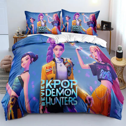 K-Pop Demon Hunters Bedding Set – Colorful Anime Print Duvet Cover & Bed Sheets | Soft Polyester Dorm Room Set | Kids & Teen Gift