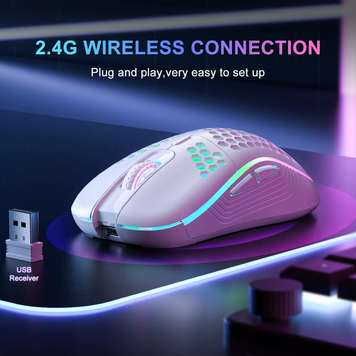 Wireless RGB Gaming Mouse – 2.4G Rechargeable 6-Button Ergonomic Mouse with 3-Speed DPI & Honeycomb Design (Type-C)