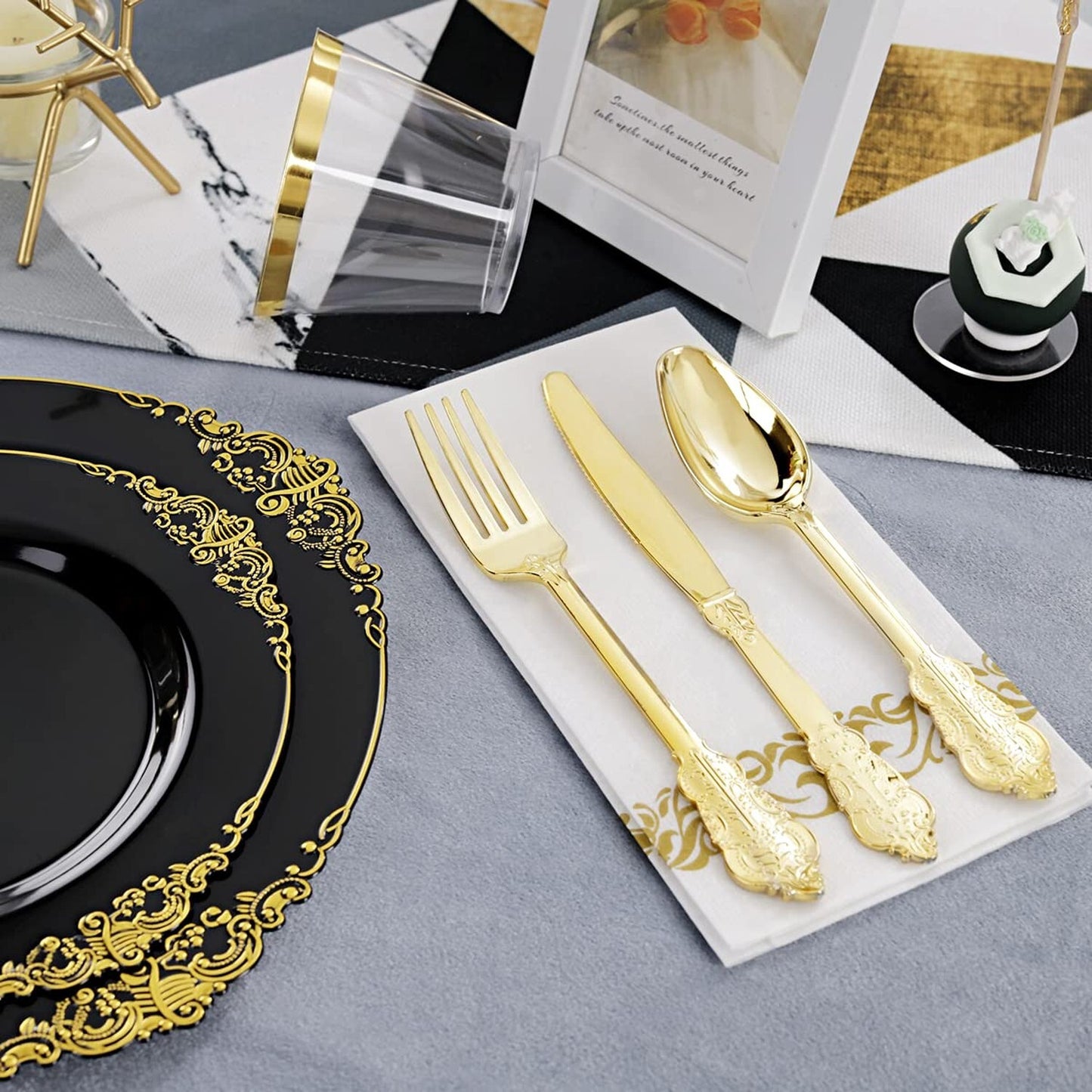 350-Piece Black and Gold Plastic Dinnerware Set – Includes Elegant Disposable Plates & Gold Plastic Silverware for Parties, Weddings, and Holiday Events | Heavy-Duty & Reusable Tableware by Hioasis