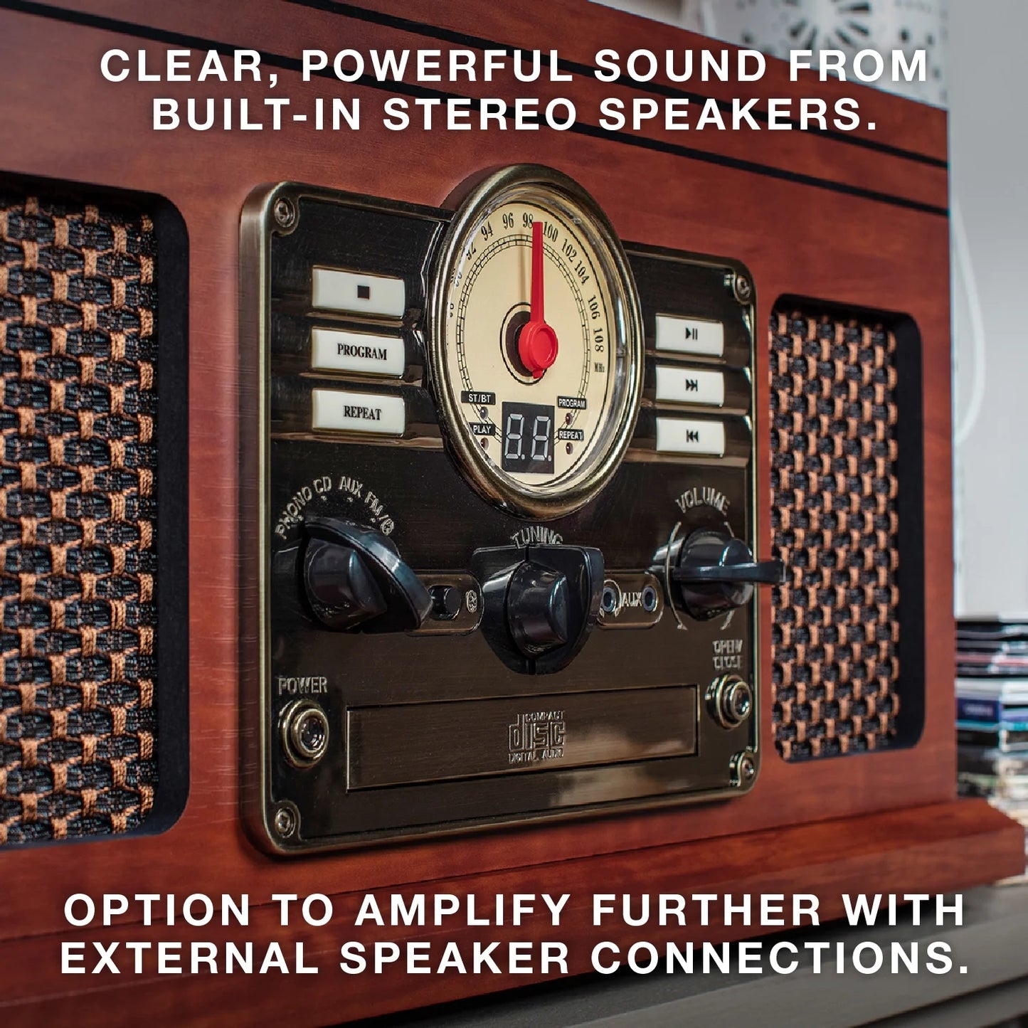 6-in-1 Nostalgic Bluetooth Record Player – 3-Speed Turntable with CD, Cassette, FM Radio & Built-In Speakers (Mahogany)