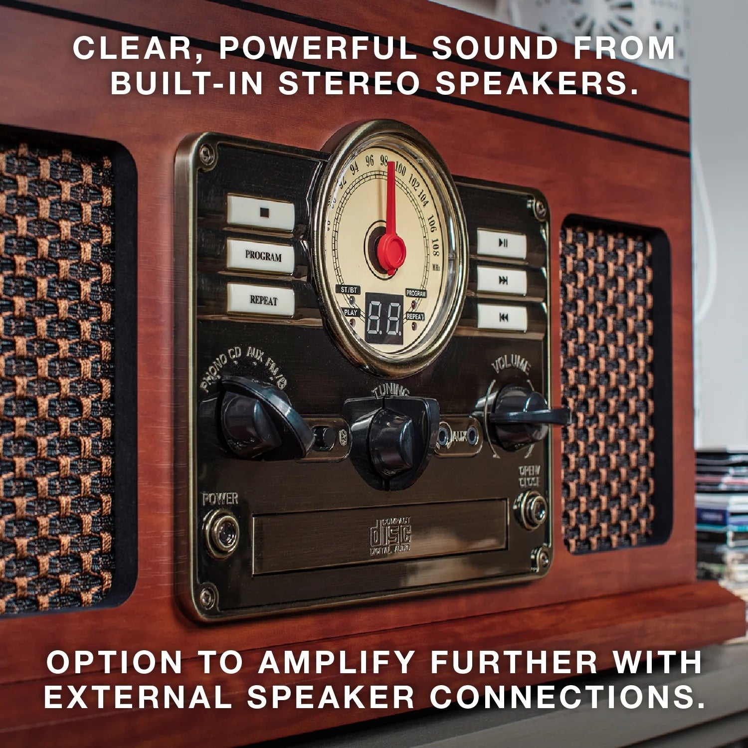 6-in-1 Nostalgic Bluetooth Record Player – 3-Speed Turntable with CD, Cassette, FM Radio & Built-In Speakers (Mahogany)