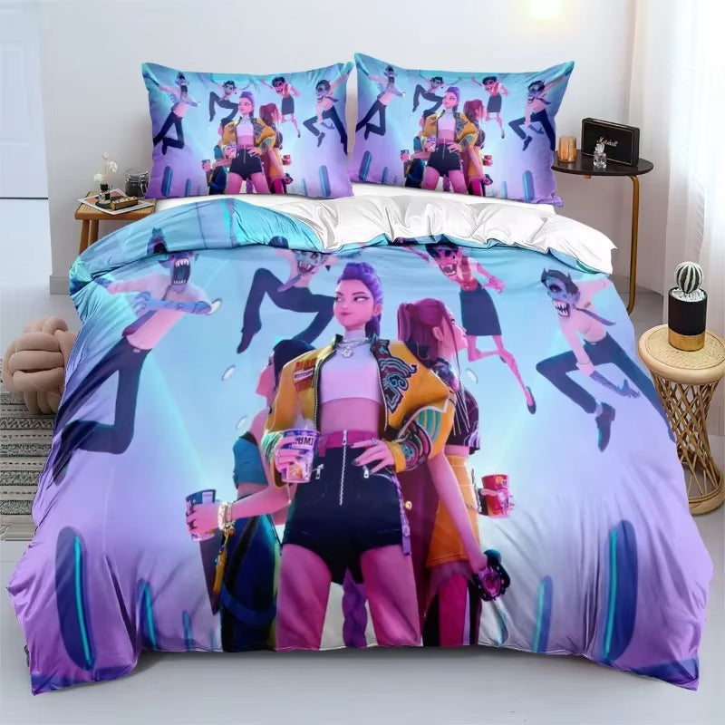 K-Pop Demon Hunters Bedding Set – Colorful Anime Print Duvet Cover & Bed Sheets | Soft Polyester Dorm Room Set | Kids & Teen Gift
