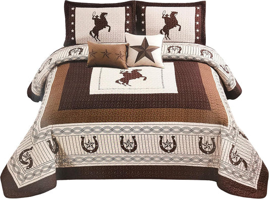 Western Stars & Horses 5-Piece Quilt Set – Oversized Cowboy Comforter with Cushions | Luxury King Bedspread in Beige Horse Design