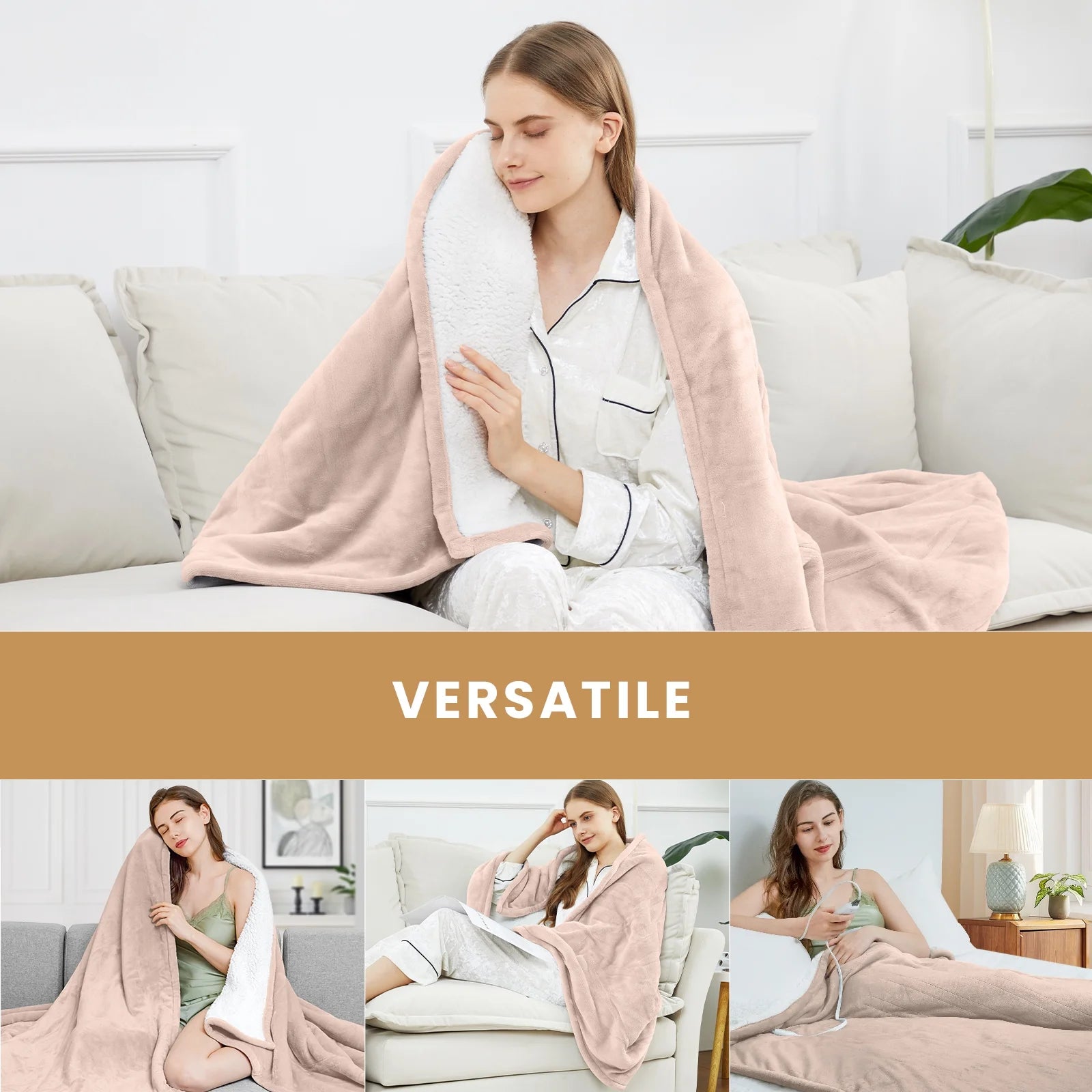 Electric Heated Blanket Twin – Soft Flannel & Sherpa, 5 Heat Levels, 10-Hour Auto-Off, Overheat Protection, ETL Certified (62"x84", Beige)