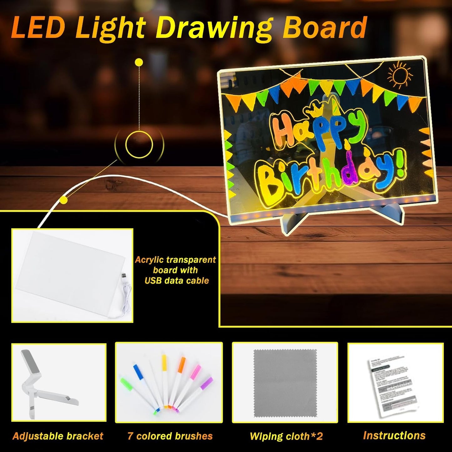 Upgraded LED Drawing Board – 7.9" Acrylic Writing Board with Light Effects & Accessories for Notes, Doodles & Creative Display