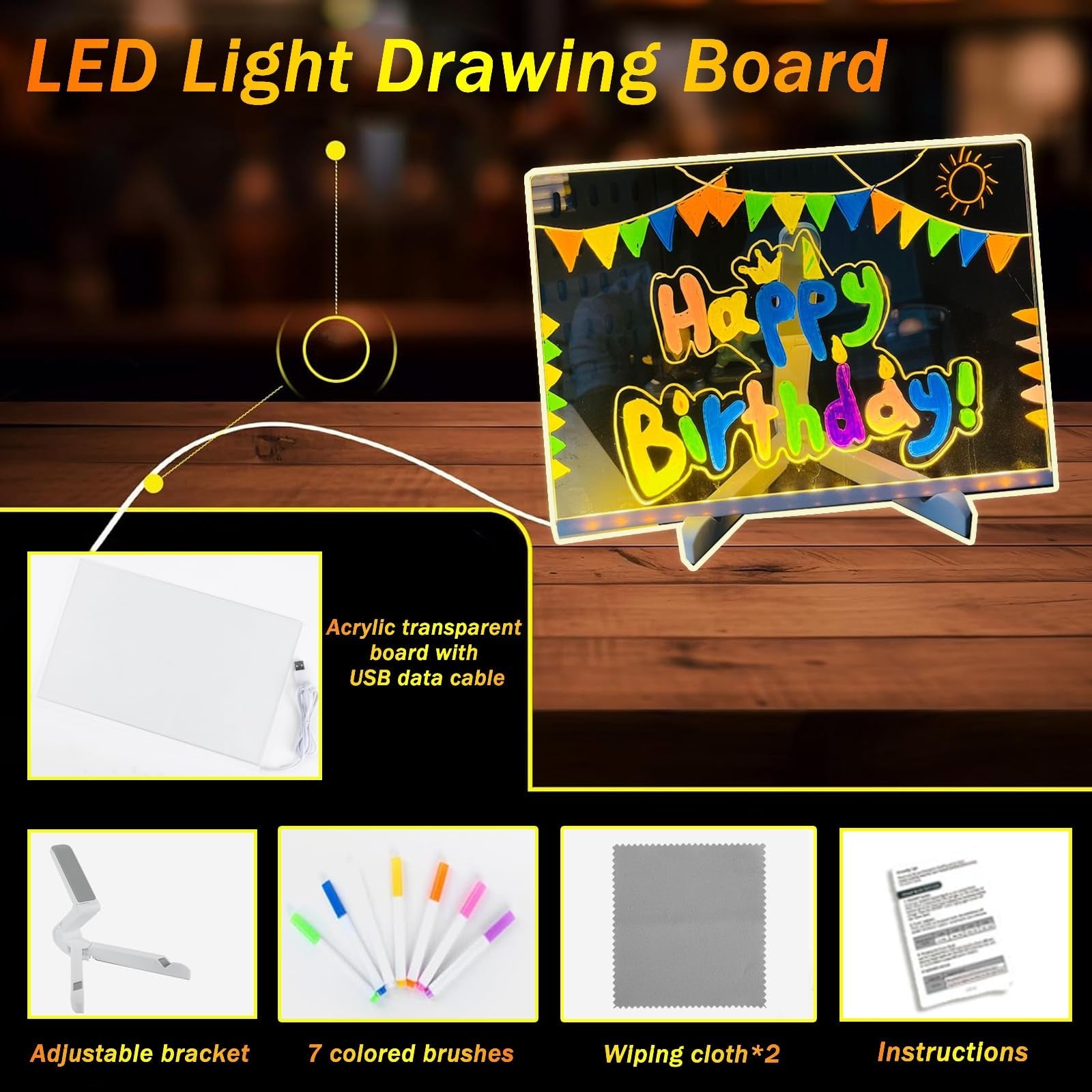Upgraded LED Drawing Board – 7.9" Acrylic Writing Board with Light Effects & Accessories for Notes, Doodles & Creative Display