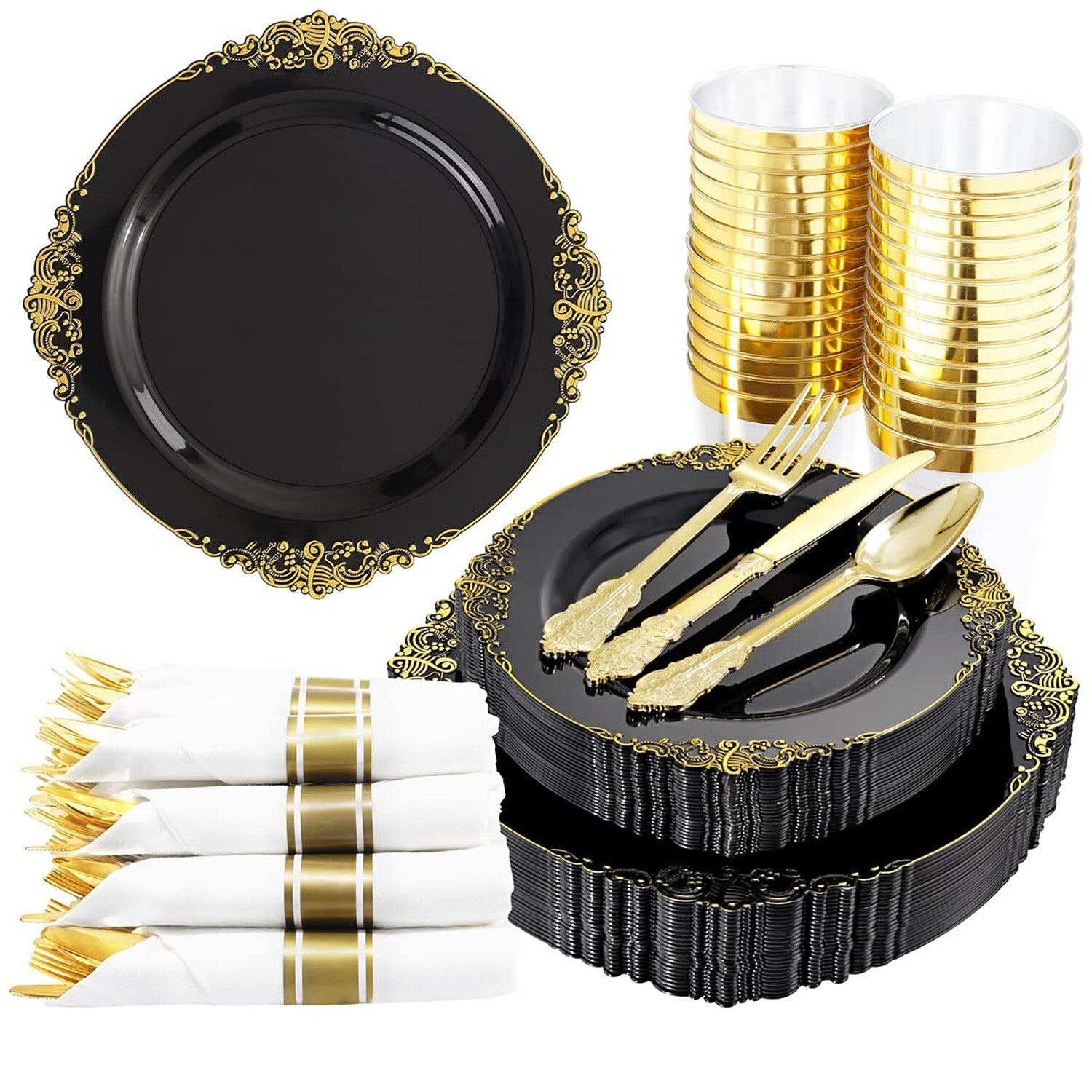 350-Piece Black and Gold Plastic Dinnerware Set – Includes Elegant Disposable Plates & Gold Plastic Silverware for Parties, Weddings, and Holiday Events | Heavy-Duty & Reusable Tableware by Hioasis