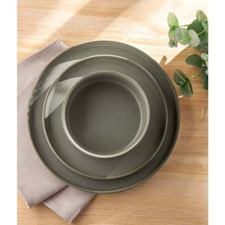 Handmade Ceramic Dinnerware Set for 6 – 18-Piece Matte Green Reactive Glaze Plates & Bowls | Home Echo