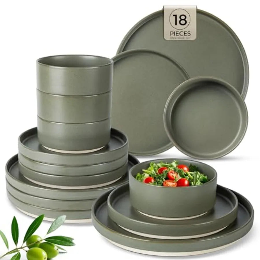 Handmade Ceramic Dinnerware Set for 6 – 18-Piece Matte Green Reactive Glaze Plates & Bowls | Home Echo