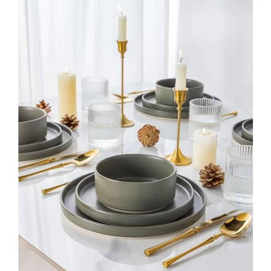 Handmade Ceramic Dinnerware Set for 6 – 18-Piece Matte Green Reactive Glaze Plates & Bowls | Home Echo