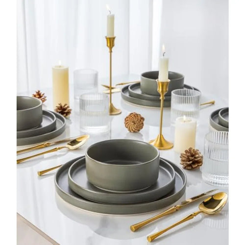 Handmade Ceramic Dinnerware Set for 6 – 18-Piece Matte Green Reactive Glaze Plates & Bowls | Home Echo