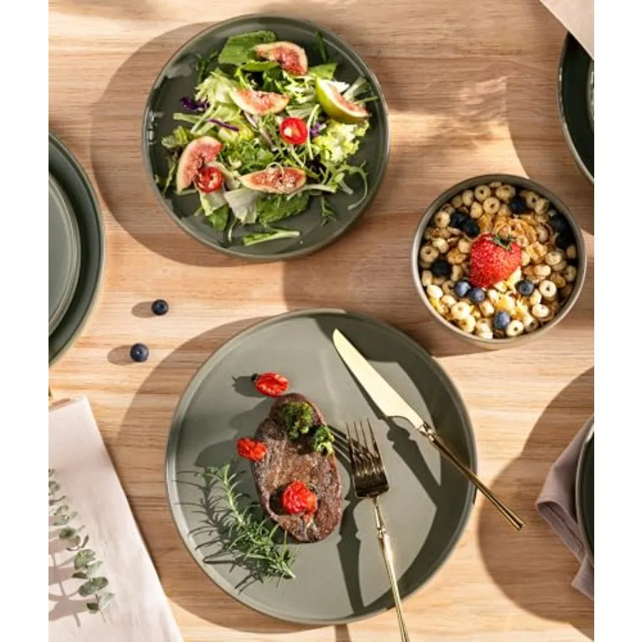 Handmade Ceramic Dinnerware Set for 6 – 18-Piece Matte Green Reactive Glaze Plates & Bowls | Home Echo
