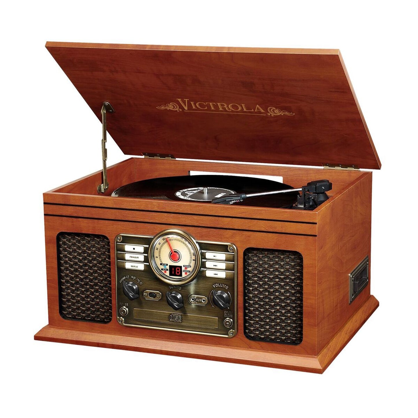 6-in-1 Nostalgic Bluetooth Record Player – 3-Speed Turntable with CD, Cassette, FM Radio & Built-In Speakers (Mahogany)