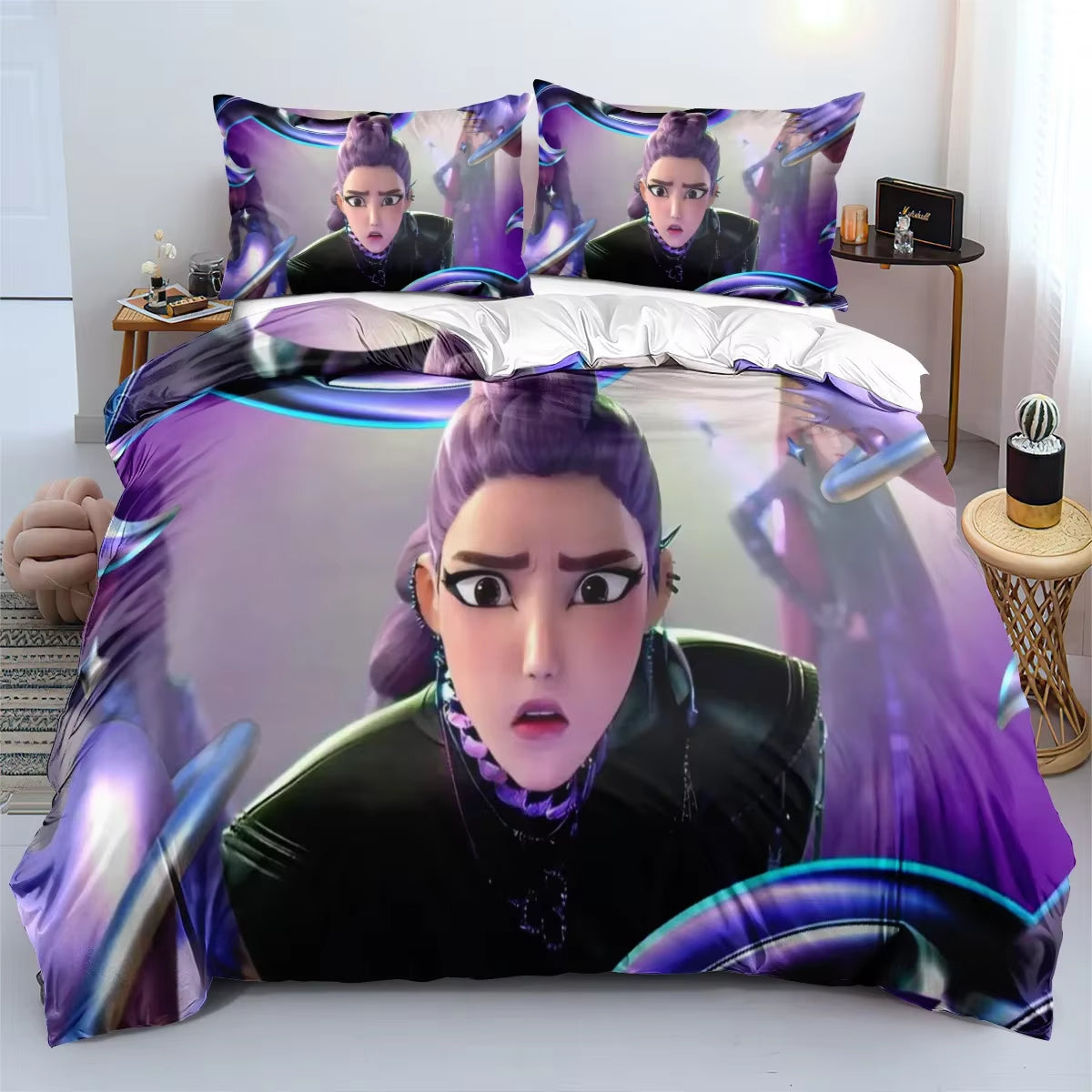 K-Pop Demon Hunters Bedding Set – Colorful Anime Print Duvet Cover & Bed Sheets | Soft Polyester Dorm Room Set | Kids & Teen Gift