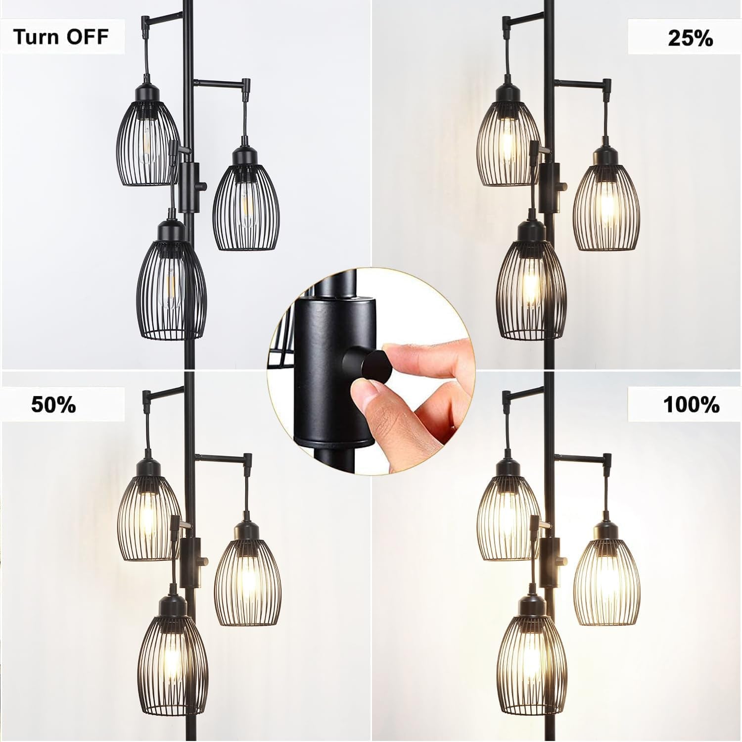 68’’ Dimmable Industrial Floor Lamp with 3 LED Edison Bulbs – Rustic Standing Lamp for Living Room & Bedroom | Home Echo